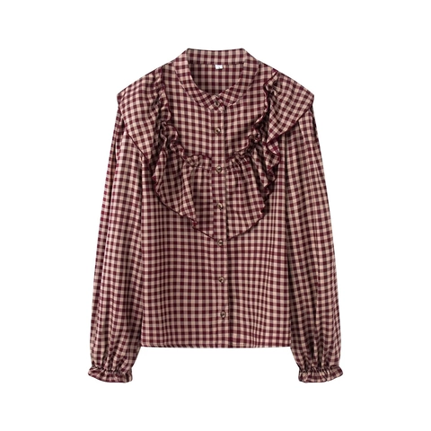 Blusa de Mujer Vintage a Cuadros Gingham Manga Larga con Volantes Cuello Mao Botonadura Sencilla Casual Top