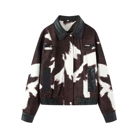Damen Vintage Kuh Print Jacke PU Leder Patchwork Umlegekragen Reißverschluss Lässig Kurz Mantel Streetwear Mode Outwear