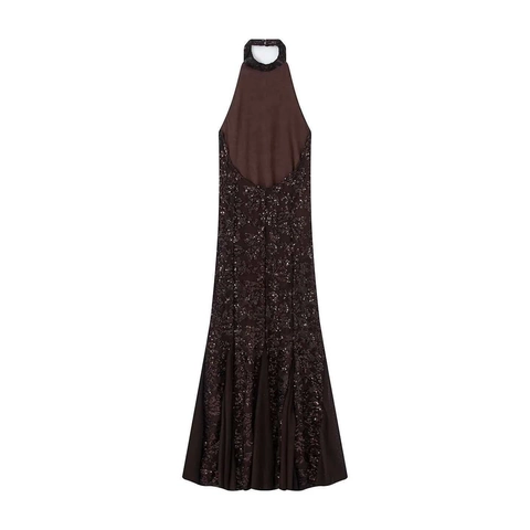 Vintage Halter Neck Sequin Maxi Dress For Women Sexy Backless Mesh Patchwork Mermaid Evening Gown Elegant Party Banquet Formal Dress