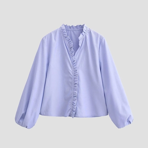 Chemisier Décontracté pour Femmes Col en V à Volants Manches Lanterne Rayé Top Uni en Poliestere Chemise de Printemps Élégante