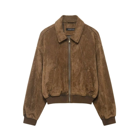 Women Vintage Suede Texture Bomber Jacket Lapel Zipper Casual Long Sleeve Outerwear Brown Retro Loose Fit Streetwear Coat