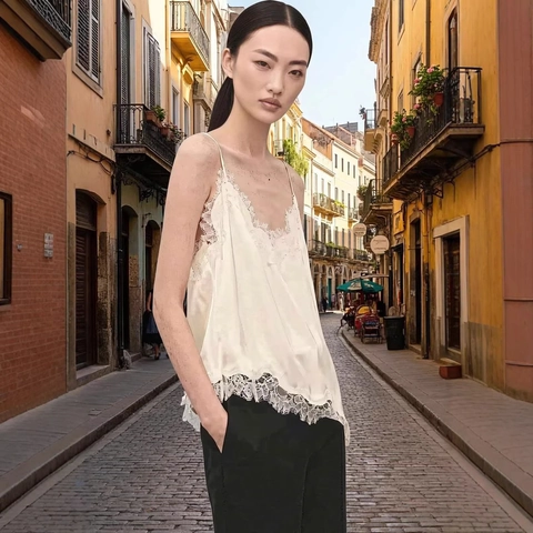 Damen Sexy Spitze V-Ausschnitt Satin Leibchen Asymmetrischer Saum Spaghettiträger Tank Top Elegant Ärmellos Sommer Weste