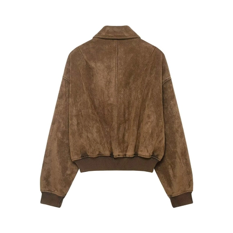 Women Vintage Suede Texture Bomber Jacket Lapel Zipper Casual Long Sleeve Outerwear Brown Retro Loose Fit Streetwear Coat