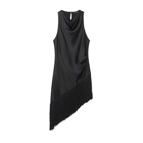 Damen Elegant Schwarz Satin Ärmellos Wasserfall-Ausschnitt Oberteil Mit Asymmetrisch Fransen Saum Sexy Schlüsselloch Rücken Party Bluse