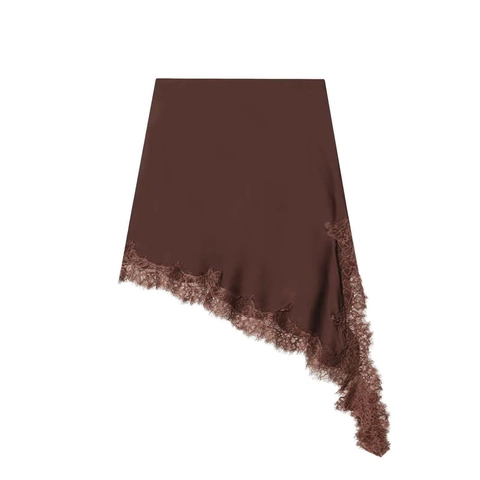 Women's Dark Brown Asymmetrical Lace Trim Mini Skirt Satin Look Elegant High Waist Summer Casual Short Half Skirt