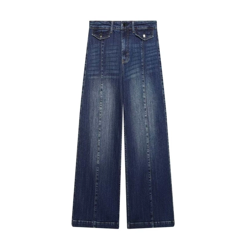 Vaqueros de Cintura Alta y Pernera Ancha para Mujer Vintage Color Sólido Pantalones Denim con Bolsillos con Solapa Casual