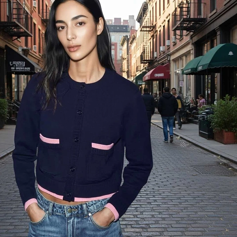 Women Casual Navy Blue Knit Cardigan Pink Contrast Piping Round Neck Long Sleeve Single Breasted Sweater Top