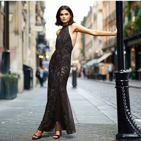 Vintage Halter Neck Sequin Maxi Dress For Women Sexy Backless Mesh Patchwork Mermaid Evening Gown Elegant Party Banquet Formal Dress