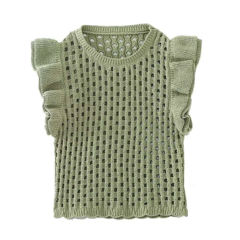 Dames Mode Opengewerkt Gebreid Vest Ruffles Fladder Mouwen Ronde Hals Geometrisch Pointelle Cropped Tanktop Casual Mouwloze Gebreide Kleding