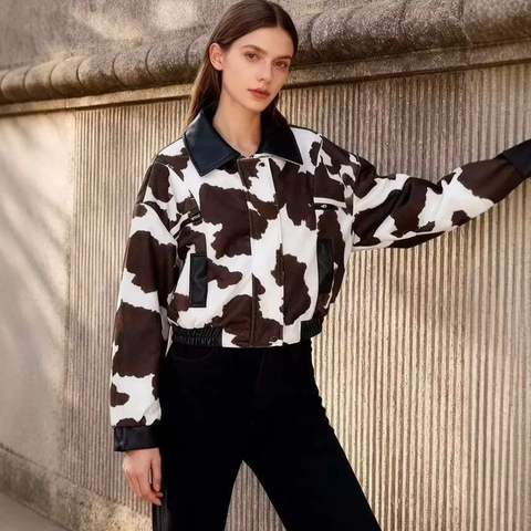 Damen Vintage Kuh Print Jacke PU Leder Patchwork Umlegekragen Reißverschluss Lässig Kurz Mantel Streetwear Mode Outwear