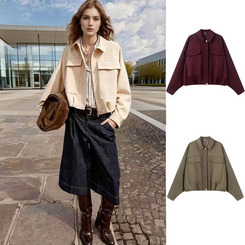 Women's Casual Polyester Lapel Bomber Jacket Loose Fit Long Sleeve Workwear Coat With Large Pockets Solid Color Outerwear