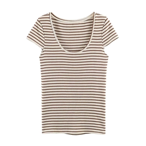 Camiseta de Manga Corta a Rayas Casual para Mujer de Punto de Canalé con Cuello en U Estilo de Viaje Marrón Beige Verano Top