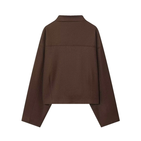 Giacca di Lana Corta Autunno Inverno da Donna Minimalista Bottone Laterale Collo Alto Soprabito Largo Caffè Cappotto Poliestere