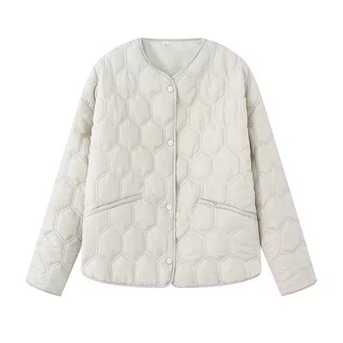 Women Casual Hexagonal Quilted Padded Jacket Round Neck Lightweight Single Breasted Cotton Coat With Pockets Outerwear
