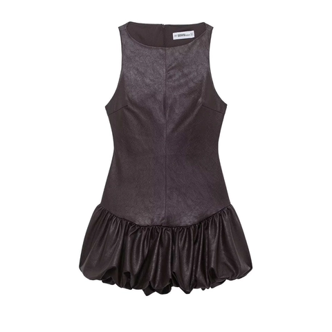 Women's Elegant Faux Leather Sleeveless Mini Dress Fashion Solid Color Round Neck Bubble Hem A-Line Puff Dress Party Wear