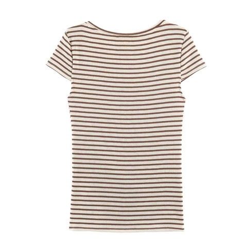 Camiseta de Manga Corta a Rayas Casual para Mujer de Punto de Canalé con Cuello en U Estilo de Viaje Marrón Beige Verano Top
