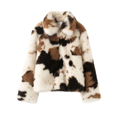 Women Faux Fur Jacket Animal Cow Print Warm Winter Short Coat Lapel Zipper Long Sleeve Chic Fashion Outerwear