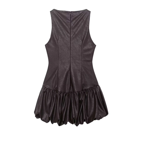 Women's Elegant Faux Leather Sleeveless Mini Dress Fashion Solid Color Round Neck Bubble Hem A-Line Puff Dress Party Wear