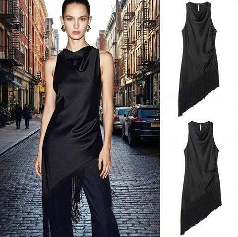 Damen Elegant Schwarz Satin Ärmellos Wasserfall-Ausschnitt Oberteil Mit Asymmetrisch Fransen Saum Sexy Schlüsselloch Rücken Party Bluse