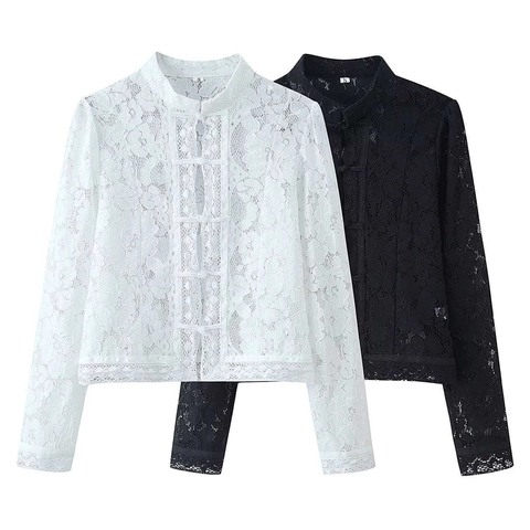 Women New Chinese Style Lace Hollow Out Blouse Stand Collar Frog Button Long Sleeve Short Top Slim Fit Floral Shirt