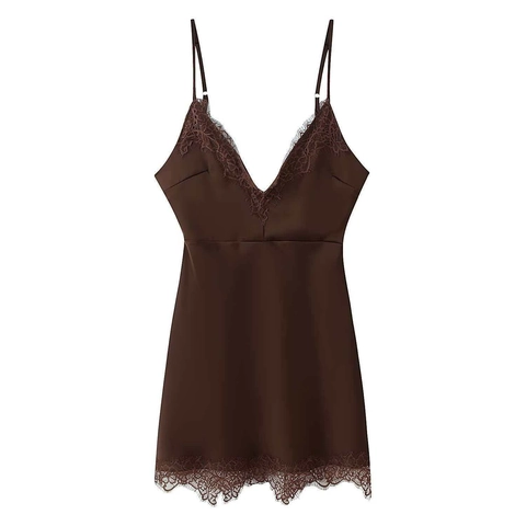 Women's Sexy Satin Mini Slip Dress Lace Trim V Neck Spaghetti Strap Sleeveless Slim Fit Party Clubwear Nightwear