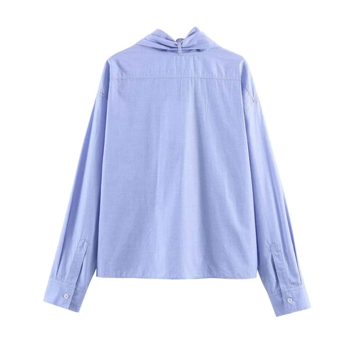 Damen Casual Hellblau Langarm Schalkragen Bluse Minimalistisch Bindedetail Vorne Hemd Einfarbig Elegant Locker Top