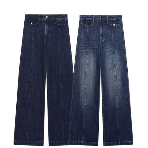Vaqueros de Cintura Alta y Pernera Ancha para Mujer Vintage Color Sólido Pantalones Denim con Bolsillos con Solapa Casual
