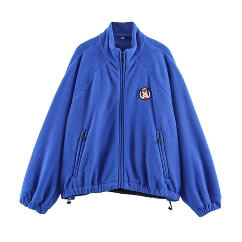 Giacca da Donna in Pile Blu Retro Vestibilità Comoda Collo in Piedi Cerniera Cappotto Caldo Antivento con Distintivo Ricamato