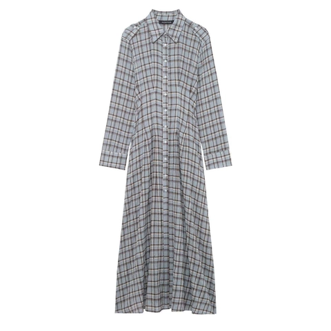 Damen Retro Karo Langarm Hemdkleid Elegant Einreihig Hohe Taille Durchgeknöpft Maxi Kleid Mit Epauletten