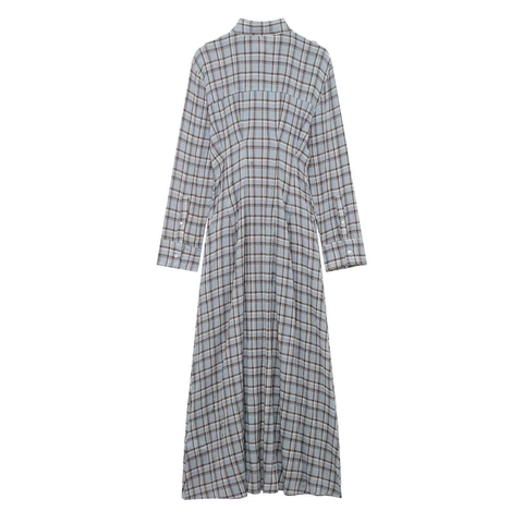 Damen Retro Karo Langarm Hemdkleid Elegant Einreihig Hohe Taille Durchgeknöpft Maxi Kleid Mit Epauletten