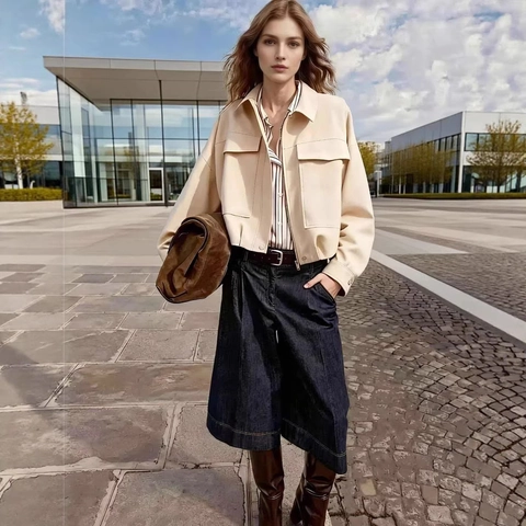 Women's Casual Polyester Lapel Bomber Jacket Loose Fit Long Sleeve Workwear Coat With Large Pockets Solid Color Outerwear