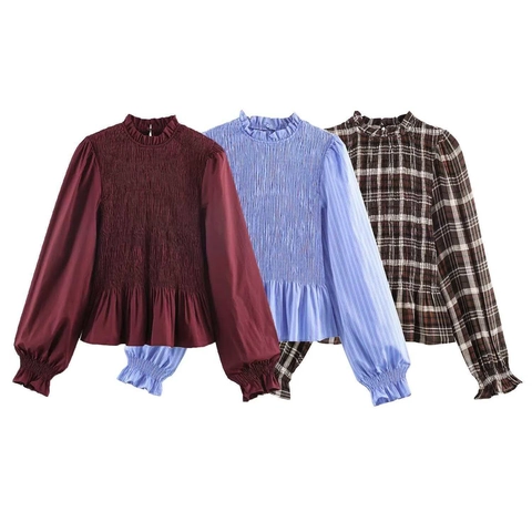 Women Vintage Smocked Ruffle Stand Collar Plaid Striped Long Sleeve Blouse Peplum Hem Elegant Slim Fit Pullover Top