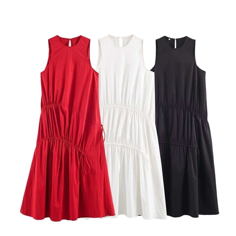 Vestido Midi Informal sin Mangas para Mujer Color Sólido Cuello Redondo con Cordón con Volantes Escalonados Vestido Pastel de Verano Línea A