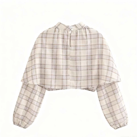 Vintage Plaid Long Sleeve Cropped Top For Women Casual Mock Neck Layered Cape Design Lantern Sleeve Checkered Blouse