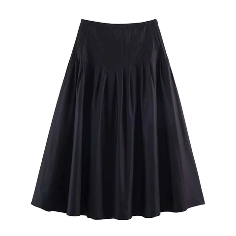 Damen Sommer Hohe Taille Plissee Midirock Einfarbig A-Linie Pendler Rock Polyester Mode Elegant Unterteile
