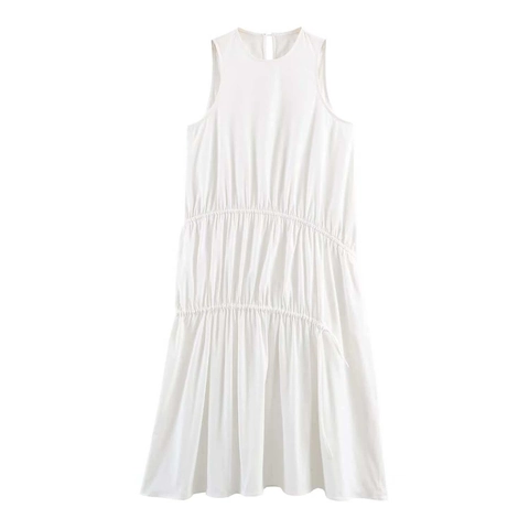 Vestido Midi Informal sin Mangas para Mujer Color Sólido Cuello Redondo con Cordón con Volantes Escalonados Vestido Pastel de Verano Línea A