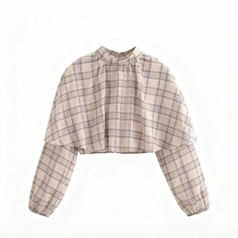 Vintage Plaid Long Sleeve Cropped Top For Women Casual Mock Neck Layered Cape Design Lantern Sleeve Checkered Blouse