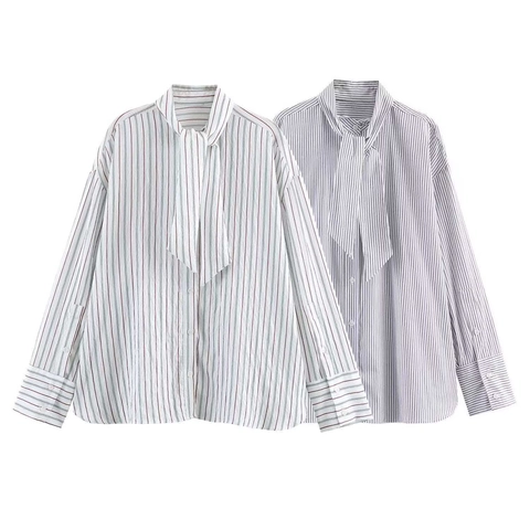 Damen Gestreiftes Popeline Hemd Mit Schal Bindung Bogen Hals Langarm Locker Lässig Pendeln Einreihig Revers Bluse Top