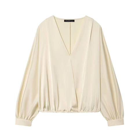Camicia da Donna Elegante in Satin con Scollo a V Maniche a Lanterna Vita Elastica Tinta Unita Pullover Casual per Ufficio