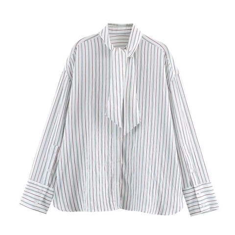Damen Gestreiftes Popeline Hemd Mit Schal Bindung Bogen Hals Langarm Locker Lässig Pendeln Einreihig Revers Bluse Top