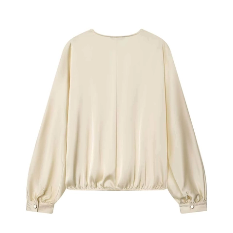 Camicia da Donna Elegante in Satin con Scollo a V Maniche a Lanterna Vita Elastica Tinta Unita Pullover Casual per Ufficio