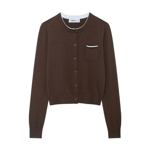 Women Elegant Knit Cardigan Round Neck Long Sleeve Button Up Sweater With Contrast Trim Pocket Dark Brown Polyester Top