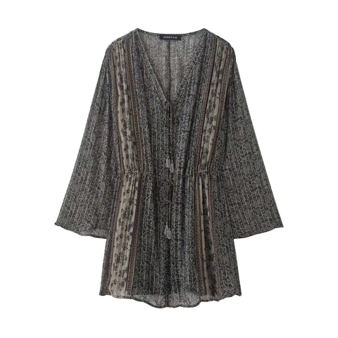 Vintage Dames Boheems V-hals Lange Mouwen Bedrukte Jurk Met Gouden Lurex Strepen Casual Losse Hoge Taille Kwastjes Midi Jurk
