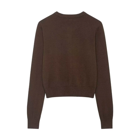 Women Elegant Knit Cardigan Round Neck Long Sleeve Button Up Sweater With Contrast Trim Pocket Dark Brown Polyester Top