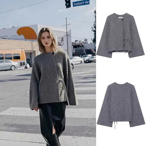 Women's Minimalist Gray Knit Cardigan Round Neck Flare Sleeve Side Tie Solid Color Casual Autumn Sweater Top