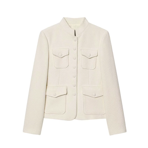 Dames Elegante Crème Wit Tweed Jas Staande Kraag Multi Zak Slim Fit Lange Mouw Single Breasted Lady Stijl Bovenkleding