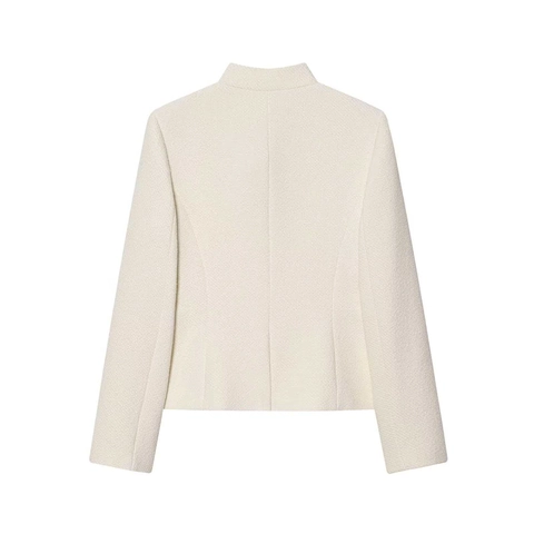 Dames Elegante Crème Wit Tweed Jas Staande Kraag Multi Zak Slim Fit Lange Mouw Single Breasted Lady Stijl Bovenkleding