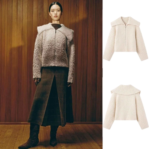 Women Casual Faux Sherpa Teddy Fleece Zip Up Jacket Large Collar Cropped Warm Outerwear Solid Color Cream White