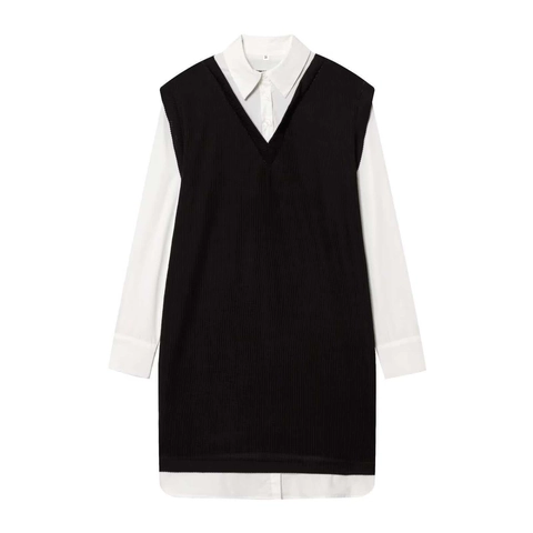 Women Minimalist Long Sleeve Spliced Mini Dress Fake Two-Piece Knit Vest Poplin Shirt Dress Commute Preppy Fashion Outfit