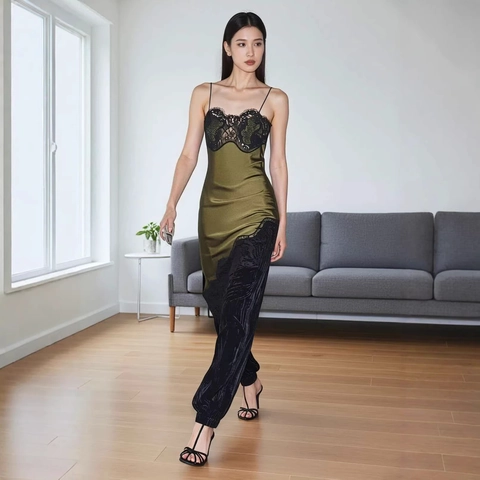 Damen Sexy Satin Slip Kleid Spitzenpatchwork Unregelmäßiger Saum Rückenfrei V Ausschnitt Midi Bodycon Kleid Für Party Date